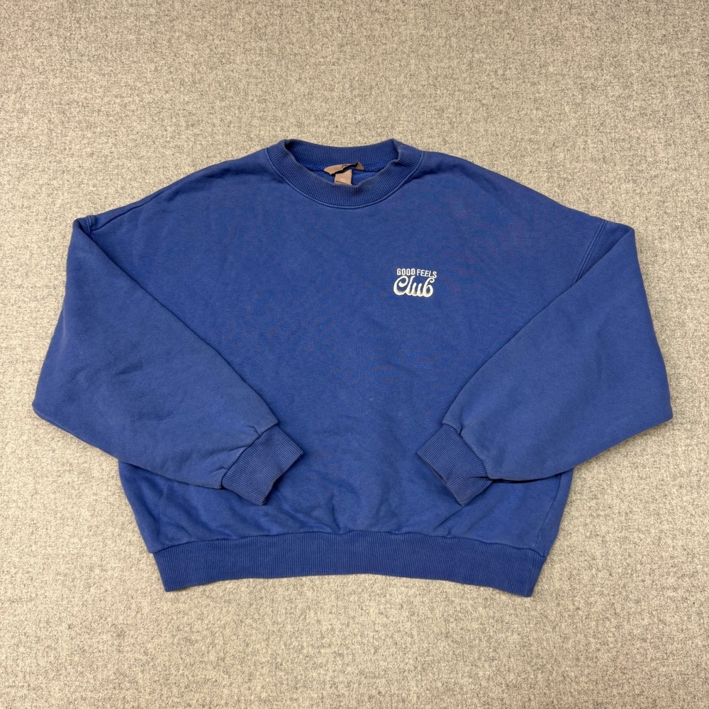 H&M Sweatshirt Size M Blue Good Feels Club Embroidered Cropped Pullover Fleece